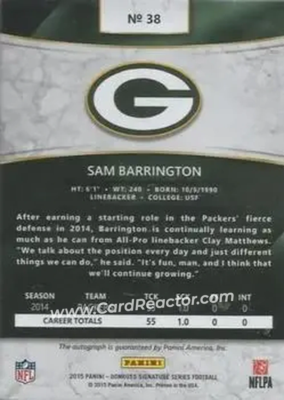 2015 Donruss Signature Series #38 - Sam Barrington - Green Bay Packers - Back