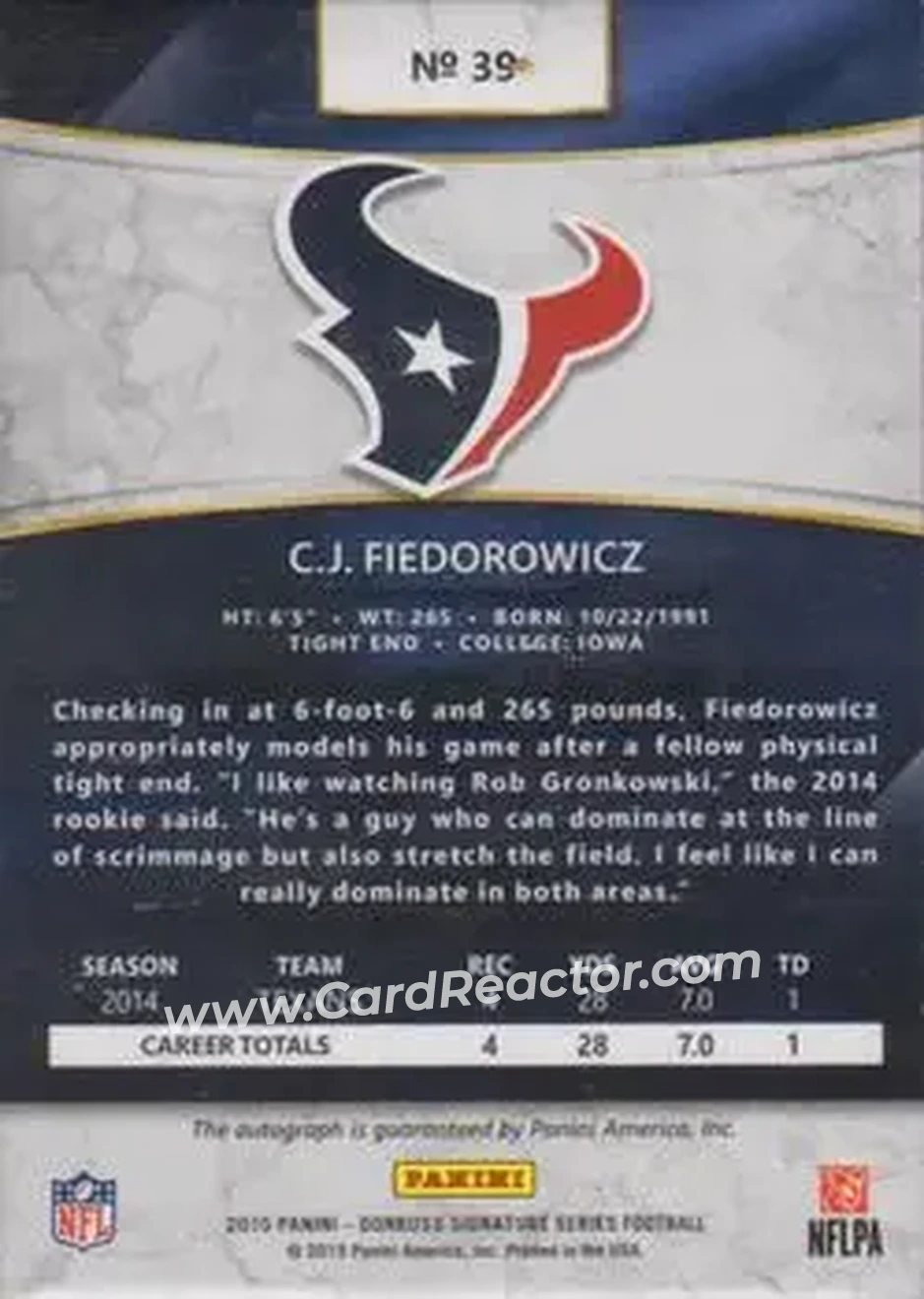2015 Donruss Signature Series #39 - C.J. Fiedorowicz - Houston Texans - Back