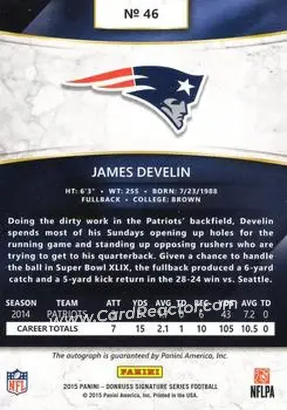 2015 Donruss Signature Series #46 - James Develin - New England Patriots - Back