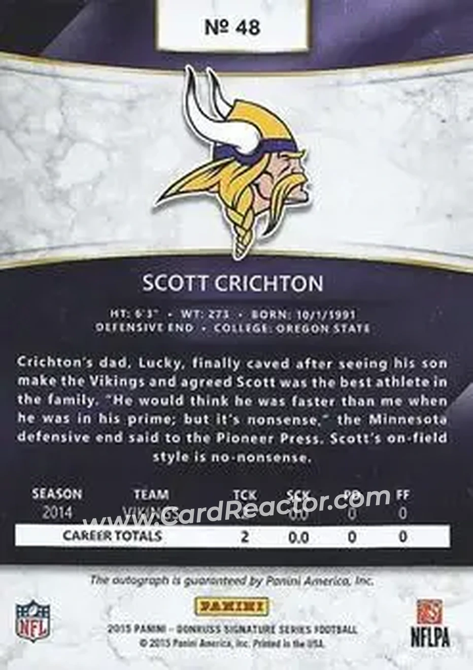 2015 Donruss Signature Series #48 - Scott Crichton - Minnesota Vikings - Back