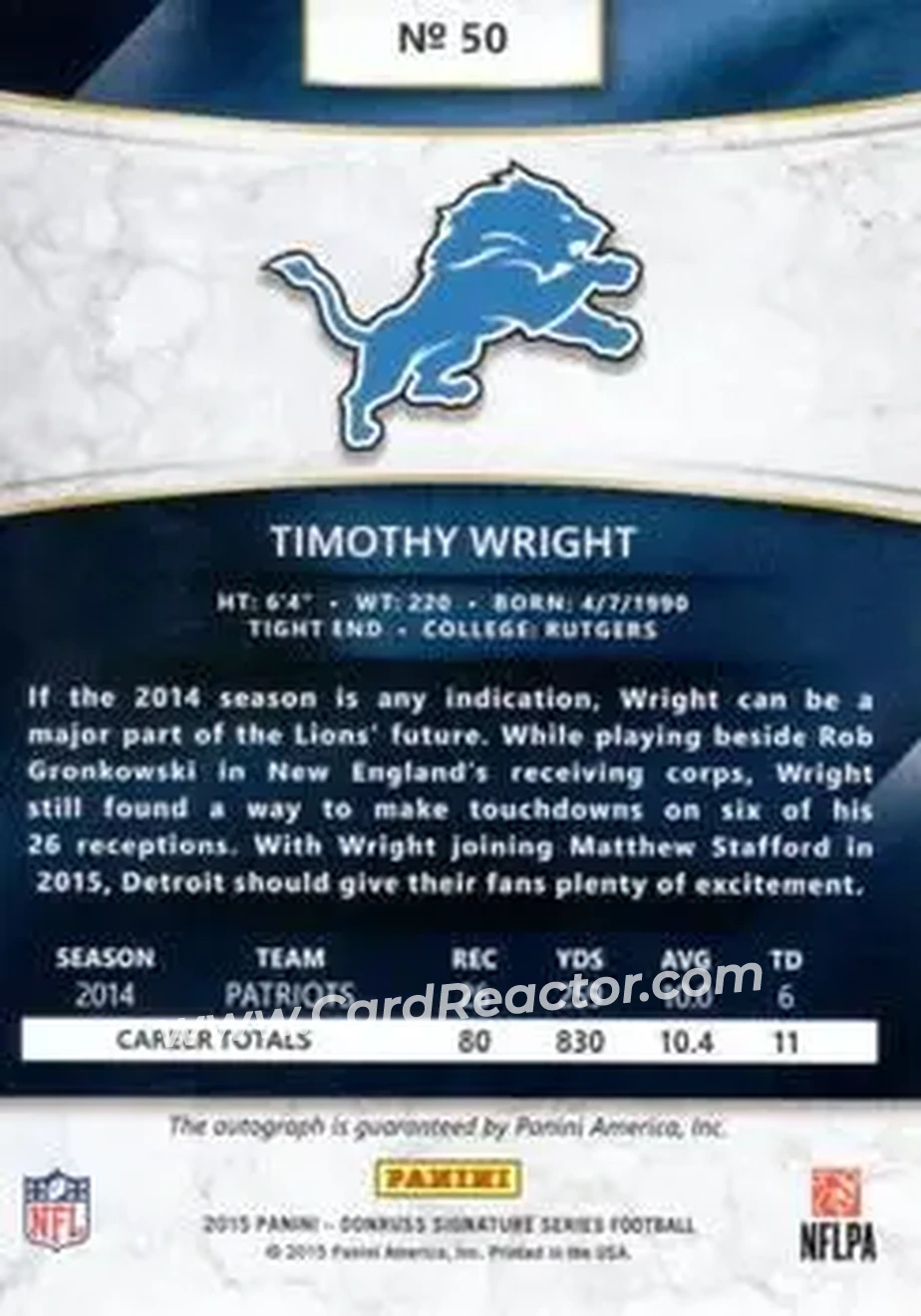 2015 Donruss Signature Series #50 - Timothy Wright - Detroit Lions - Back