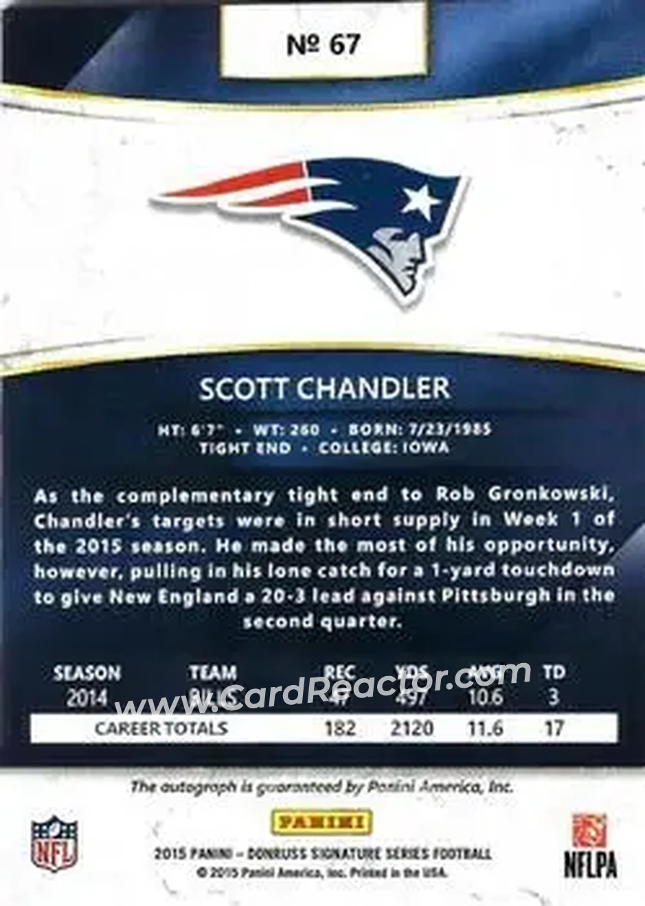 2015 Donruss Signature Series #67 - Scott Chandler - New England Patriots - Back