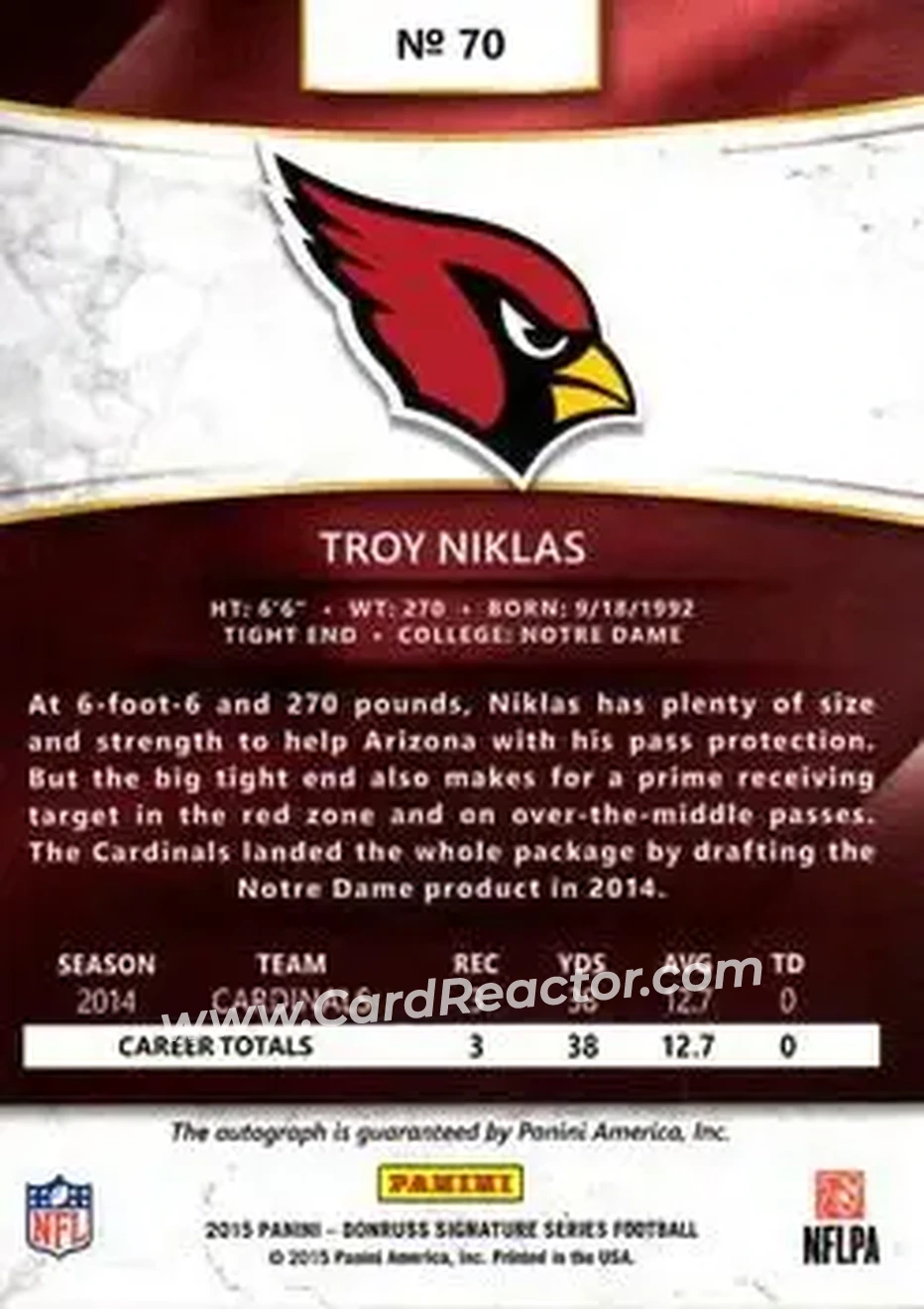 2015 Donruss Signature Series #70 - Troy Niklas - Arizona Cardinals - Back