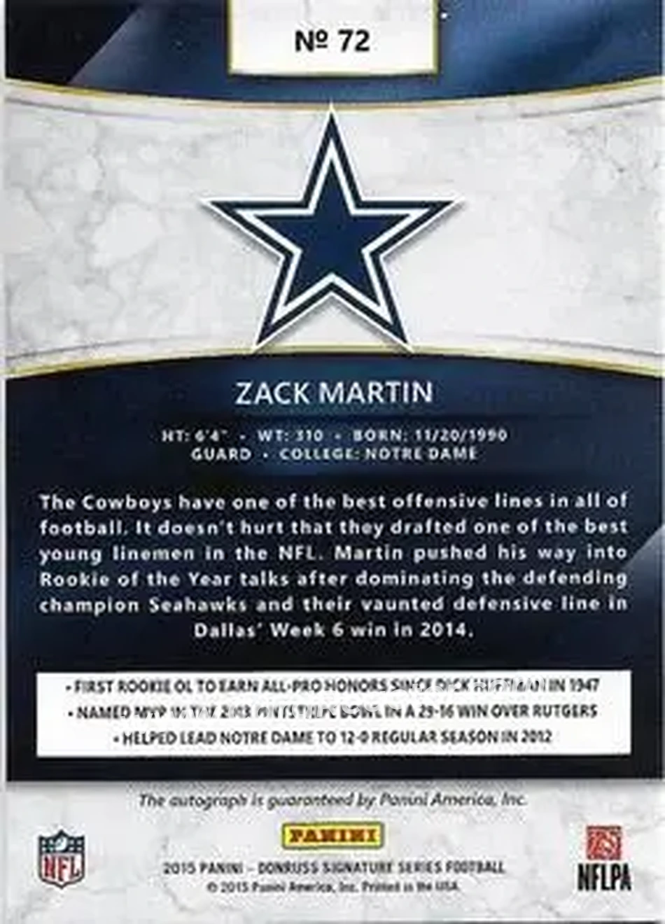 2015 Donruss Signature Series #72 - Zack Martin - Dallas Cowboys - Back