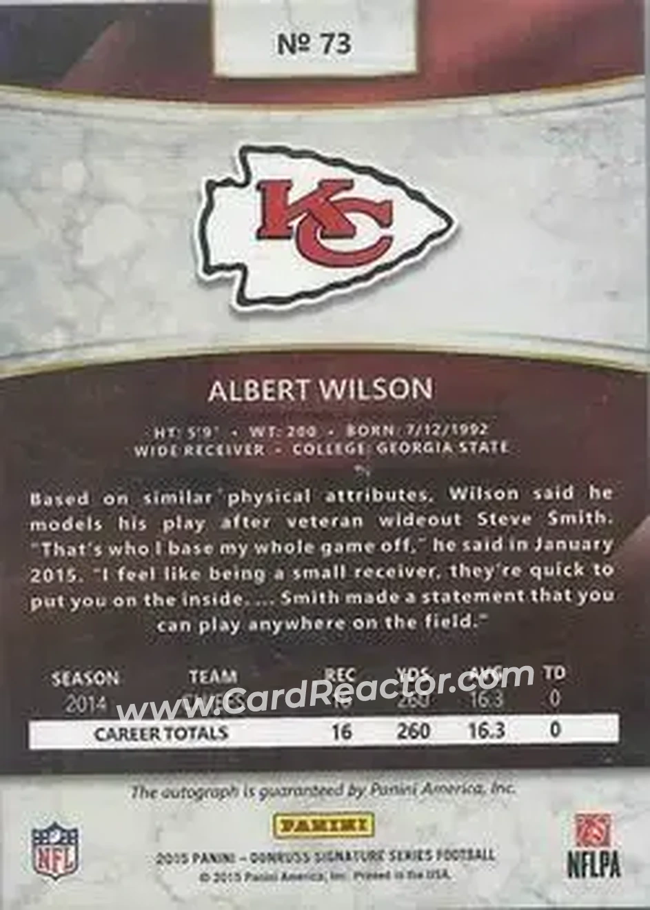 2015 Donruss Signature Series #73 - Albert Wilson - Kansas City Chiefs - Back