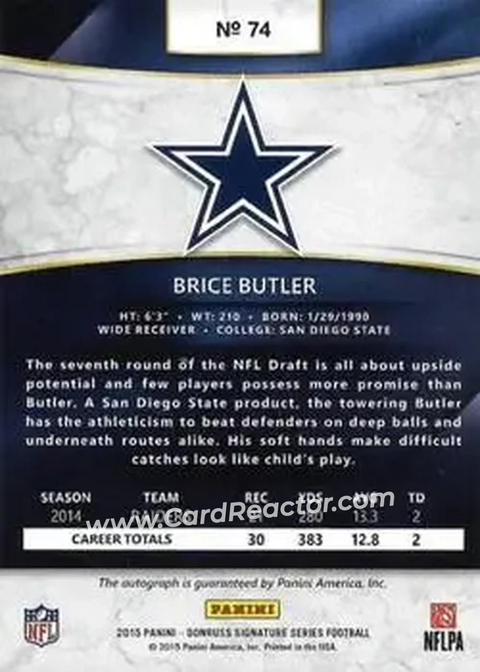 2015 Donruss Signature Series #74 - Brice Butler - Dallas Cowboys - Back