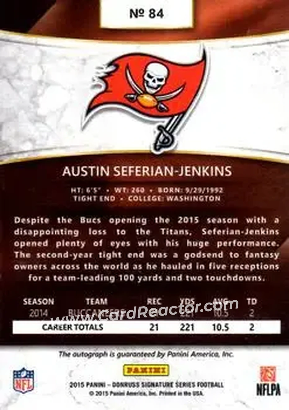 2015 Donruss Signature Series #84 - Austin Seferian-Jenkins - Tampa Bay Buccaneers - Back
