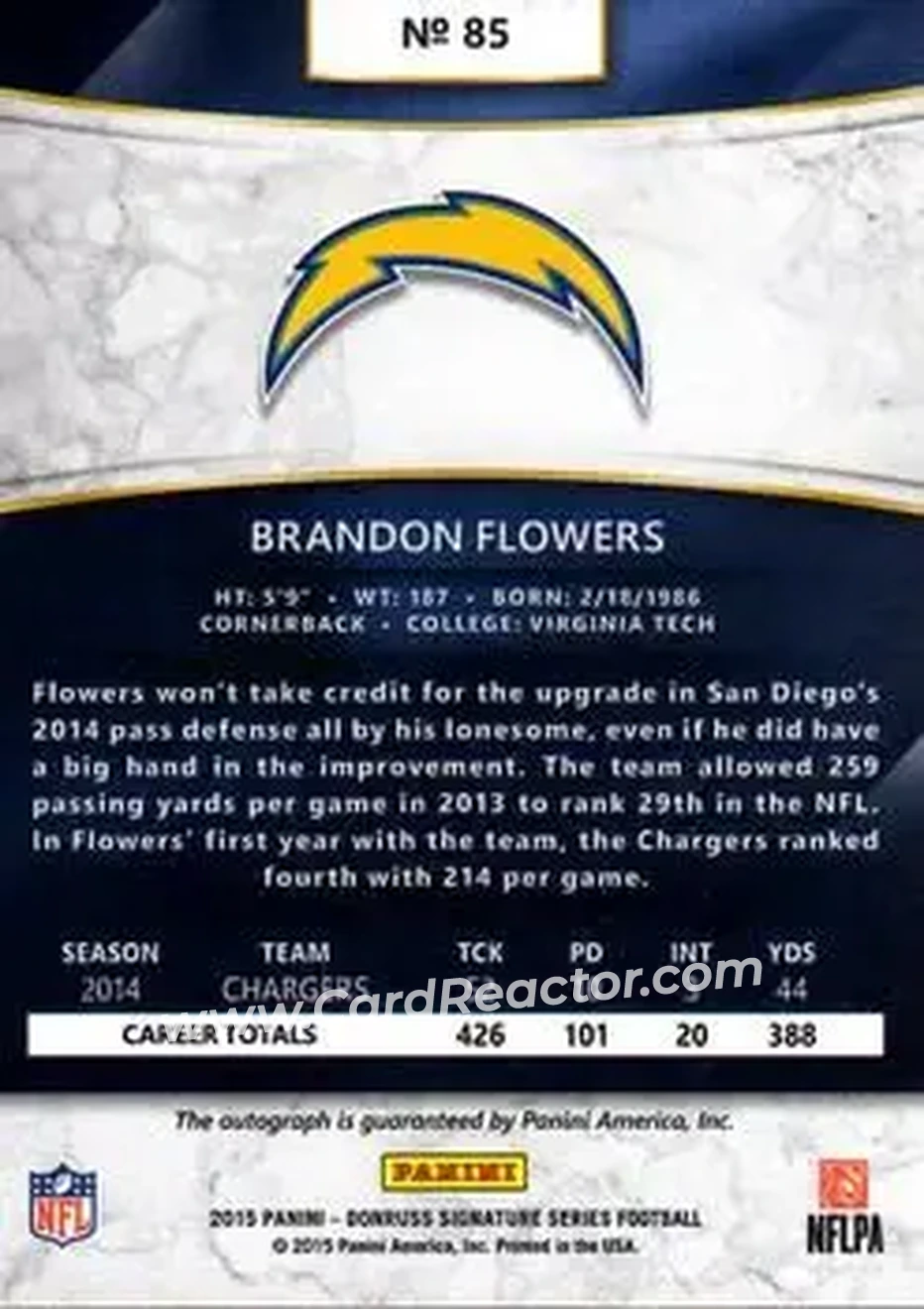 2015 Donruss Signature Series #85 - Brandon Flowers - San Diego Chargers - Back