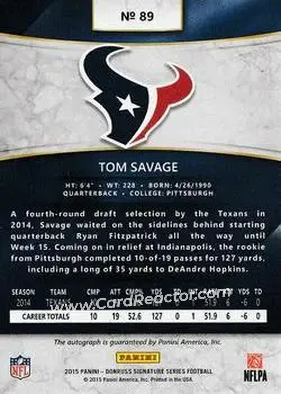 2015 Donruss Signature Series #89 - Tom Savage - Houston Texans - Back