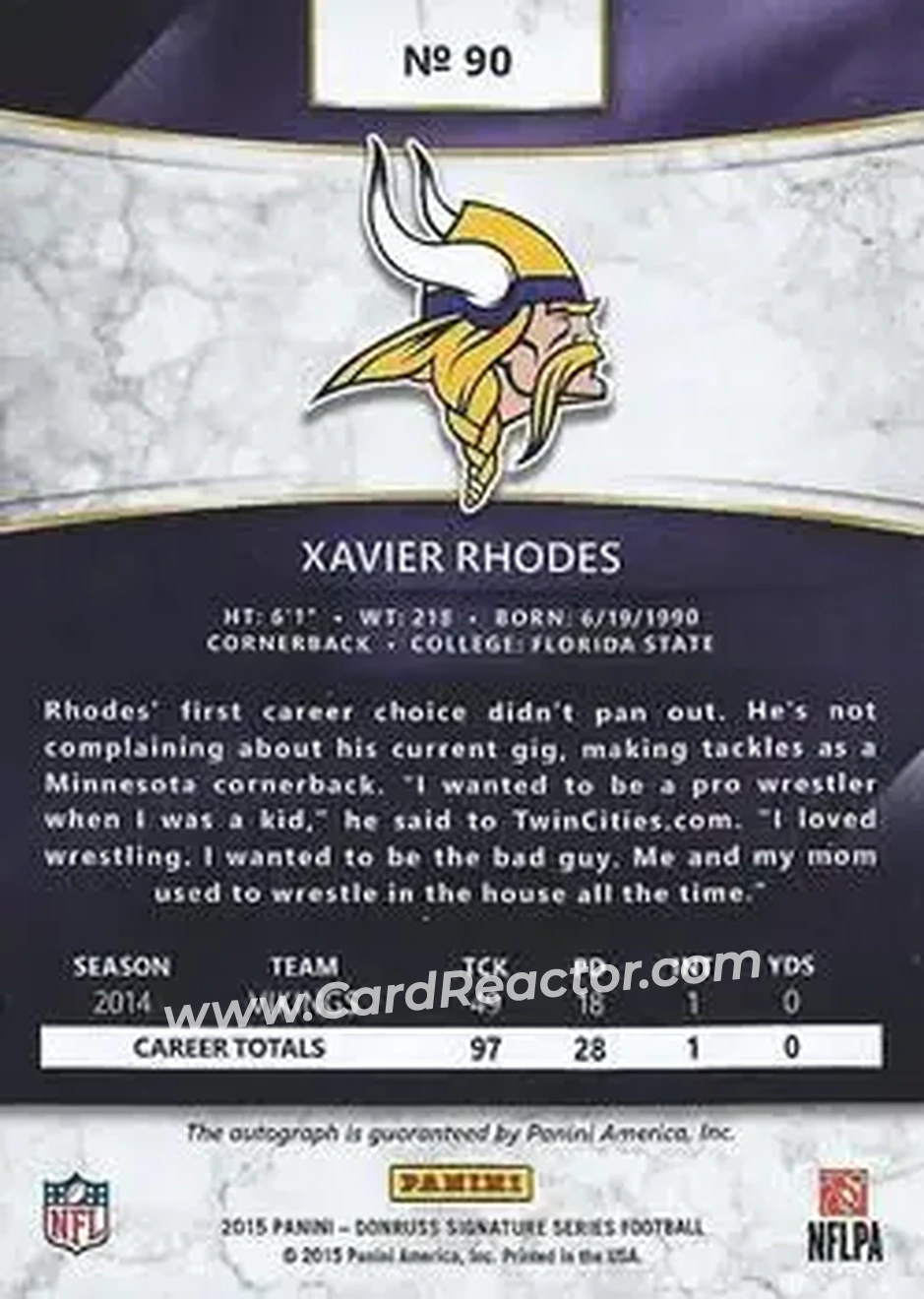 2015 Donruss Signature Series #90 - Xavier Rhodes - Minnesota Vikings - Back