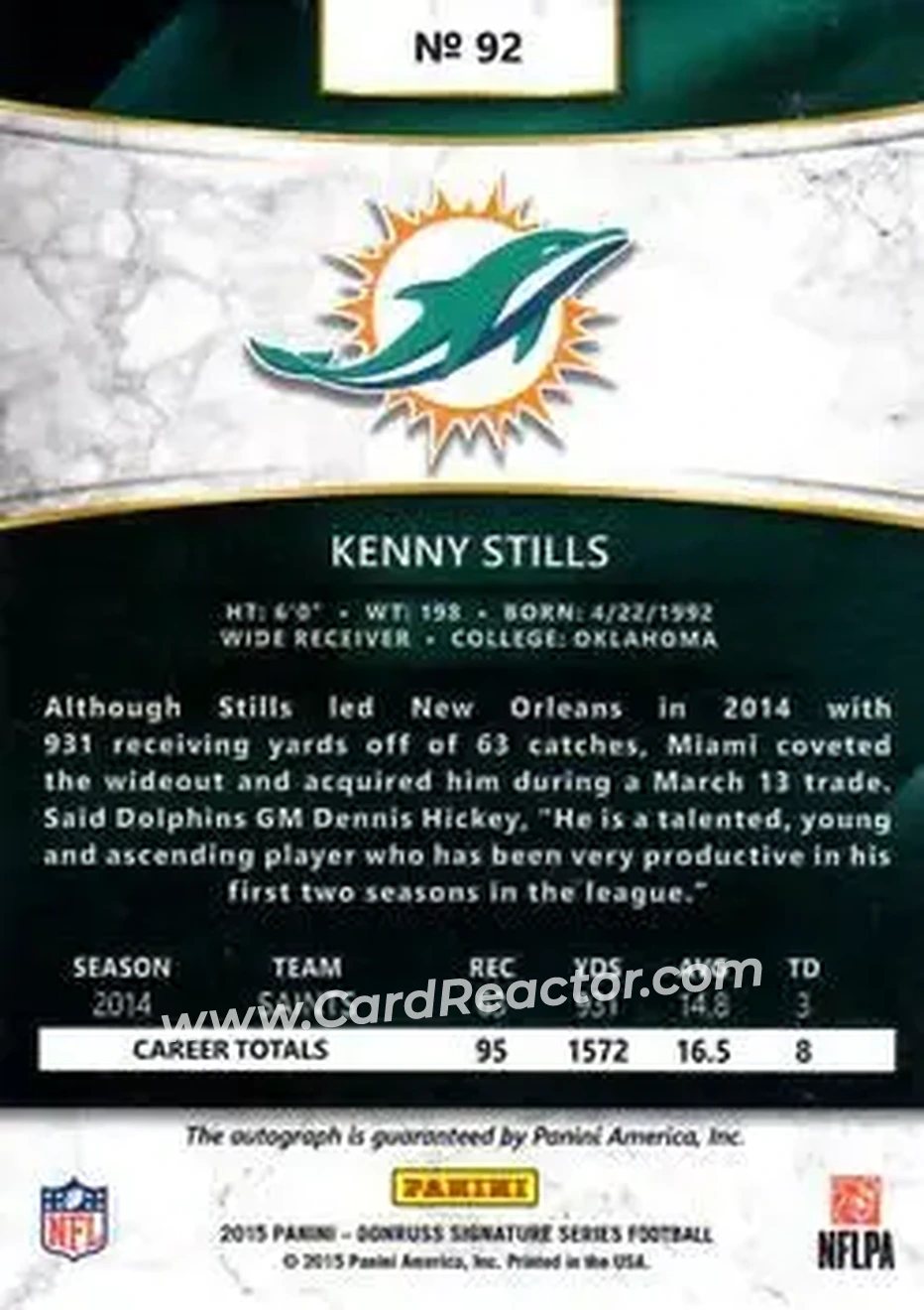 2015 Donruss Signature Series #92 - Kenny Stills - Miami Dolphins - Back