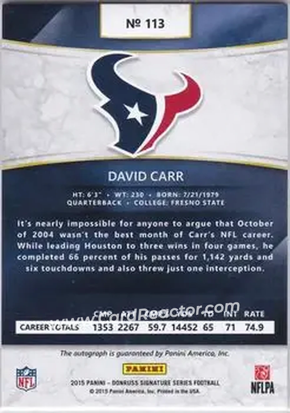 2015 Donruss Signature Series #113 - David Carr - Houston Texans - Back