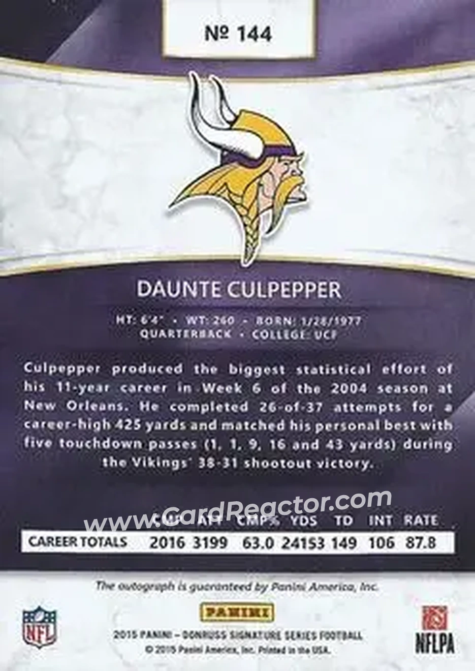 2015 Donruss Signature Series #144 - Daunte Culpepper - Minnesota Vikings - Back