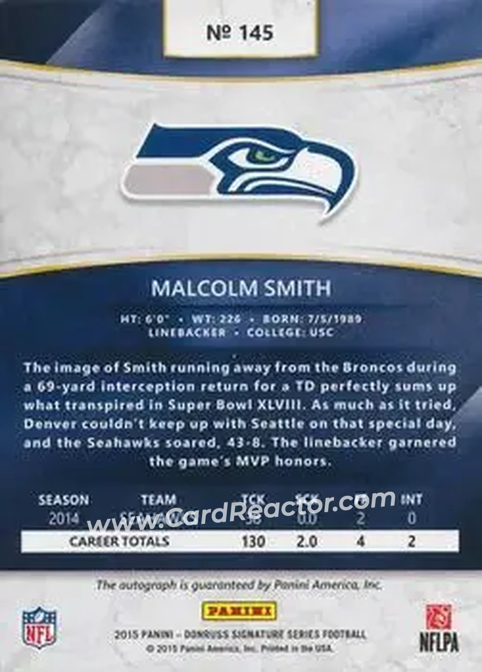 2015 Donruss Signature Series #145 - Malcolm Smith - Seattle Seahawks - Back