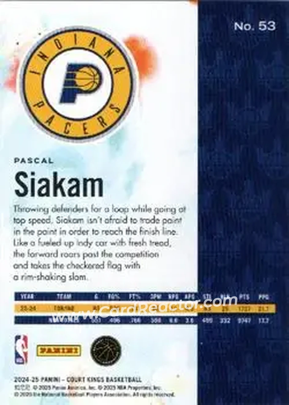 2024-25 Panini Court Kings #53 - Pascal Siakam - Indiana Pacers - Back