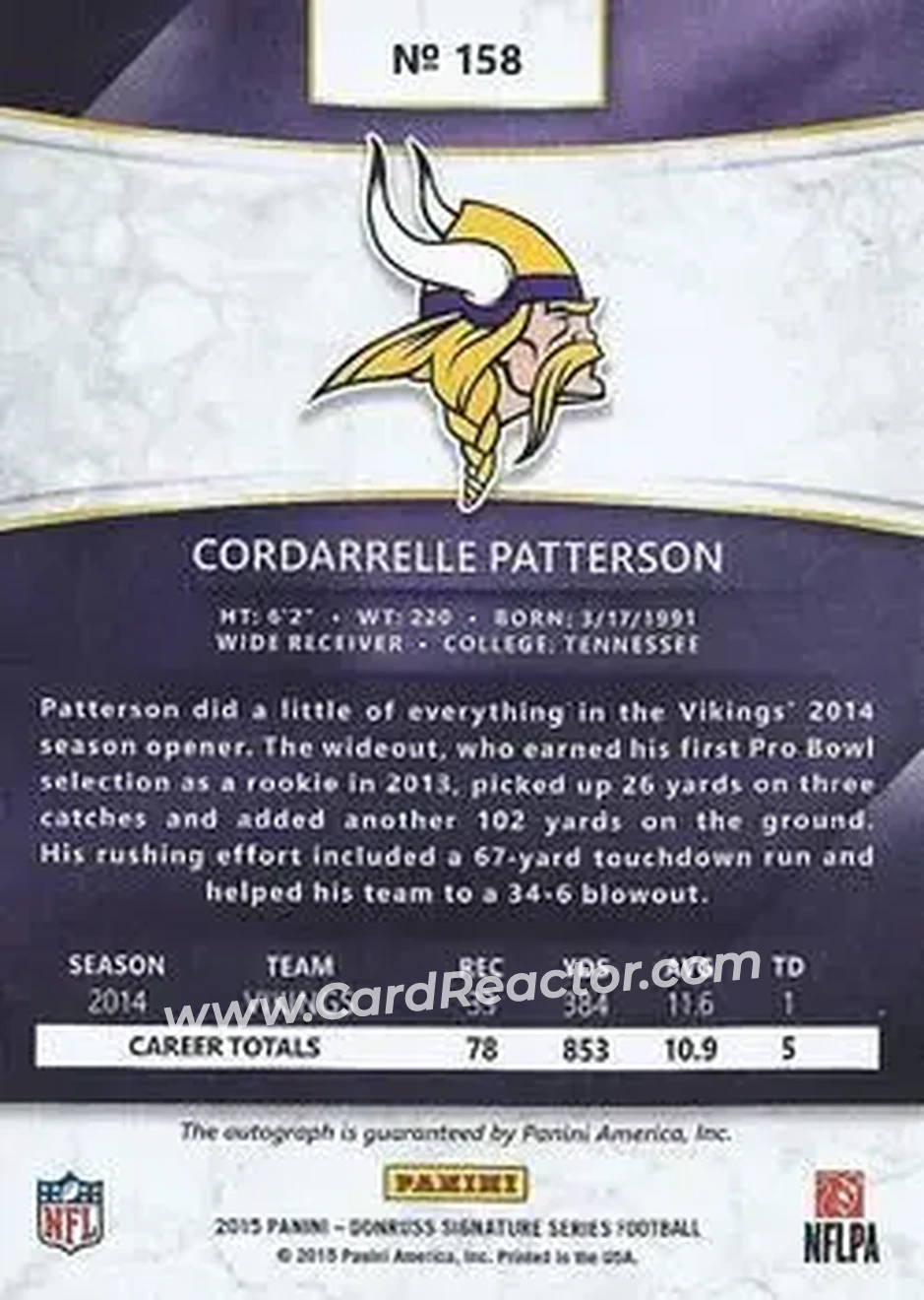 2015 Donruss Signature Series #158 - Cordarrelle Patterson - Minnesota Vikings - Back
