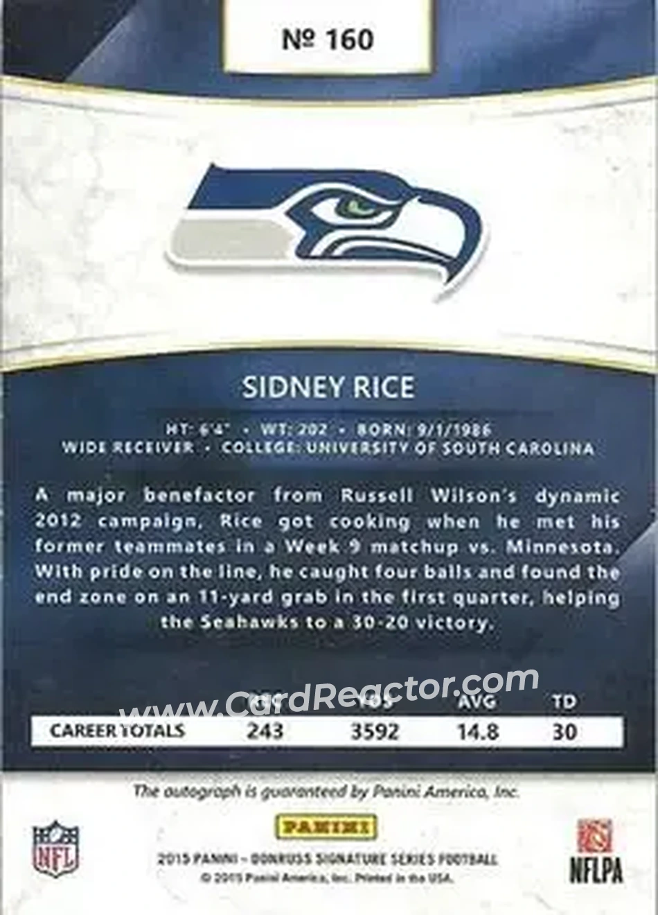 2015 Donruss Signature Series #160 - Sidney Rice - Seattle Seahawks - Back