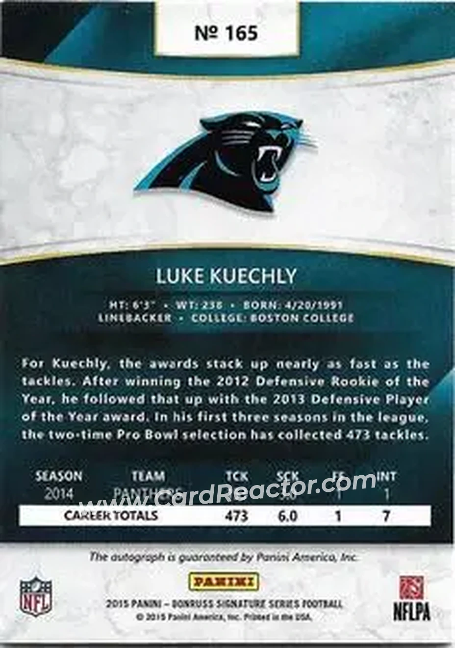 2015 Donruss Signature Series #165 - Luke Kuechly - Carolina Panthers - Back