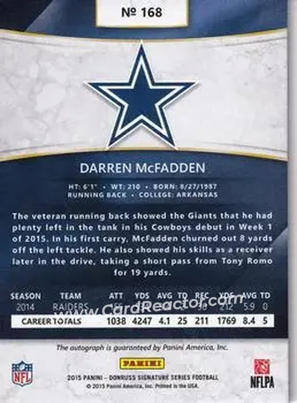 2015 Donruss Signature Series #168 - Darren McFadden - Dallas Cowboys - Back