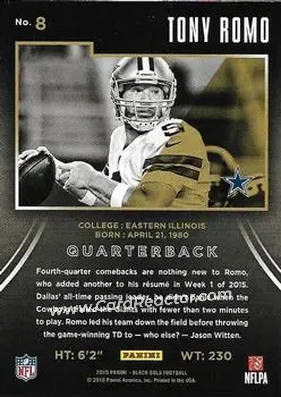 2015 Panini Black Gold #8 - Tony Romo - Dallas Cowboys - Back