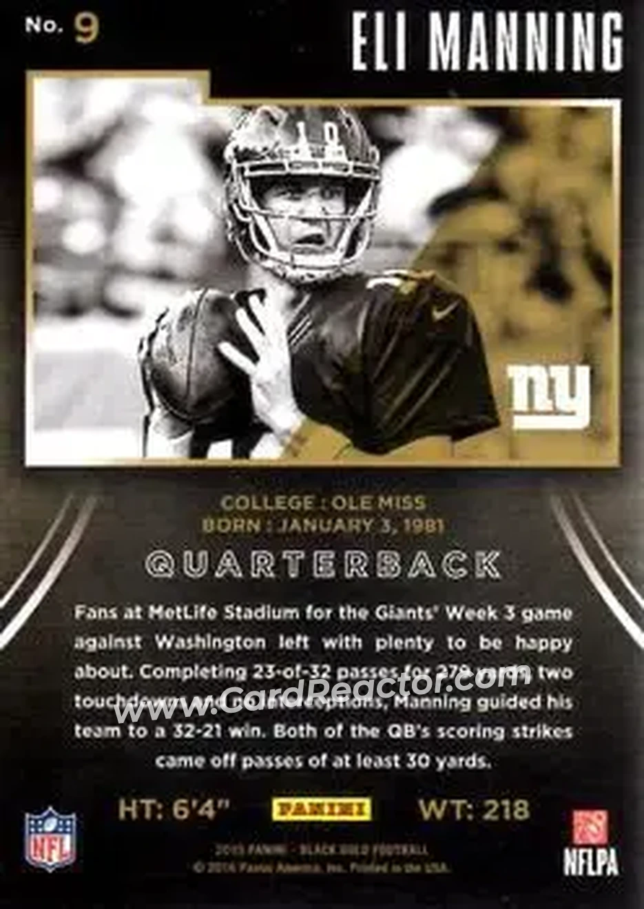 2015 Panini Black Gold #9 - Eli Manning - New York Giants - Back