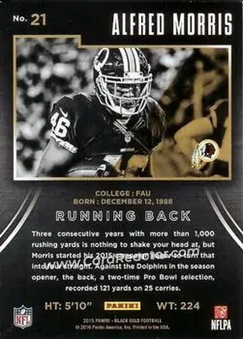 2015 Panini Black Gold #21 - Alfred Morris - Washington Redskins - Back