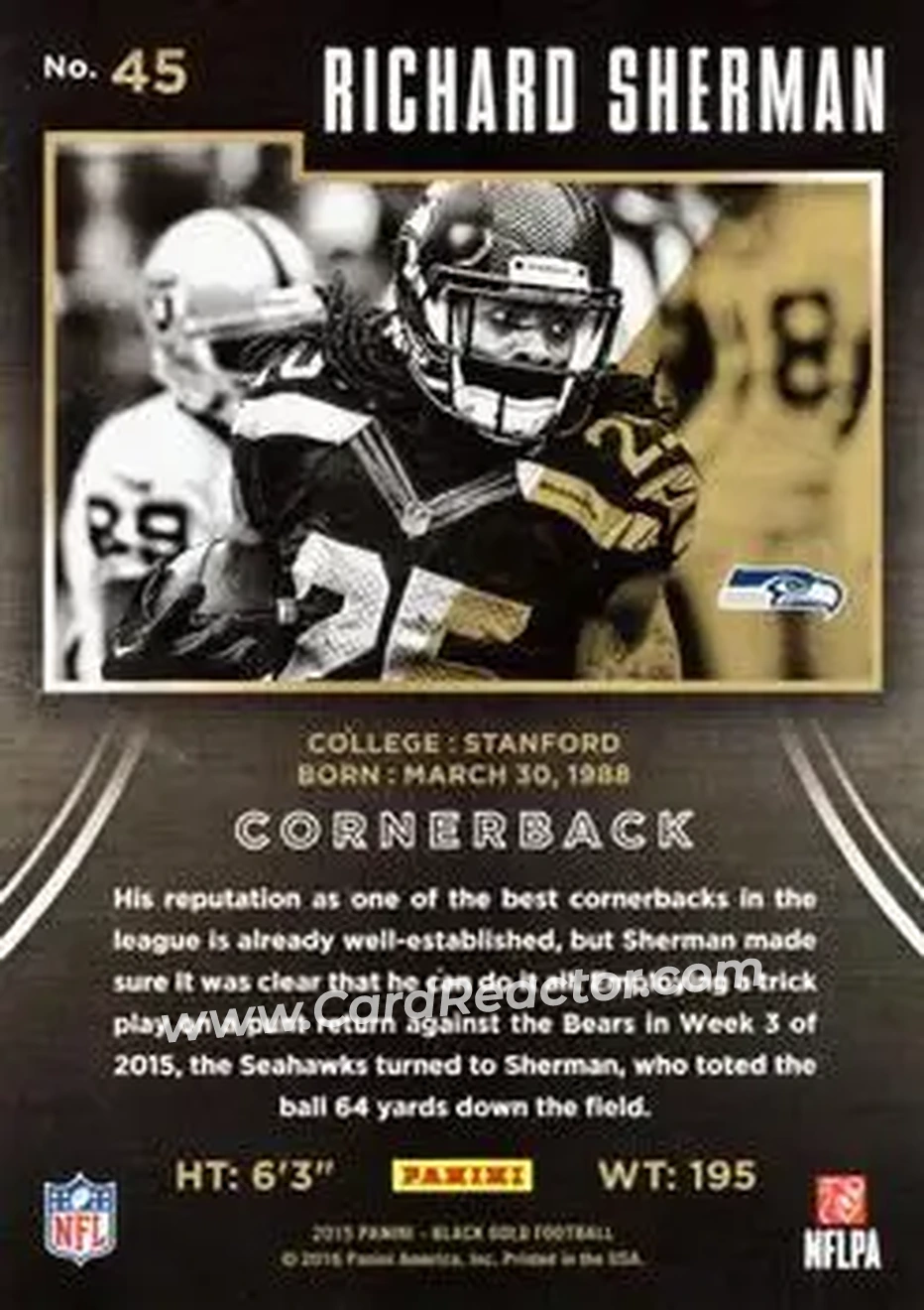 2015 Panini Black Gold #45 - Richard Sherman - Seattle Seahawks - Back