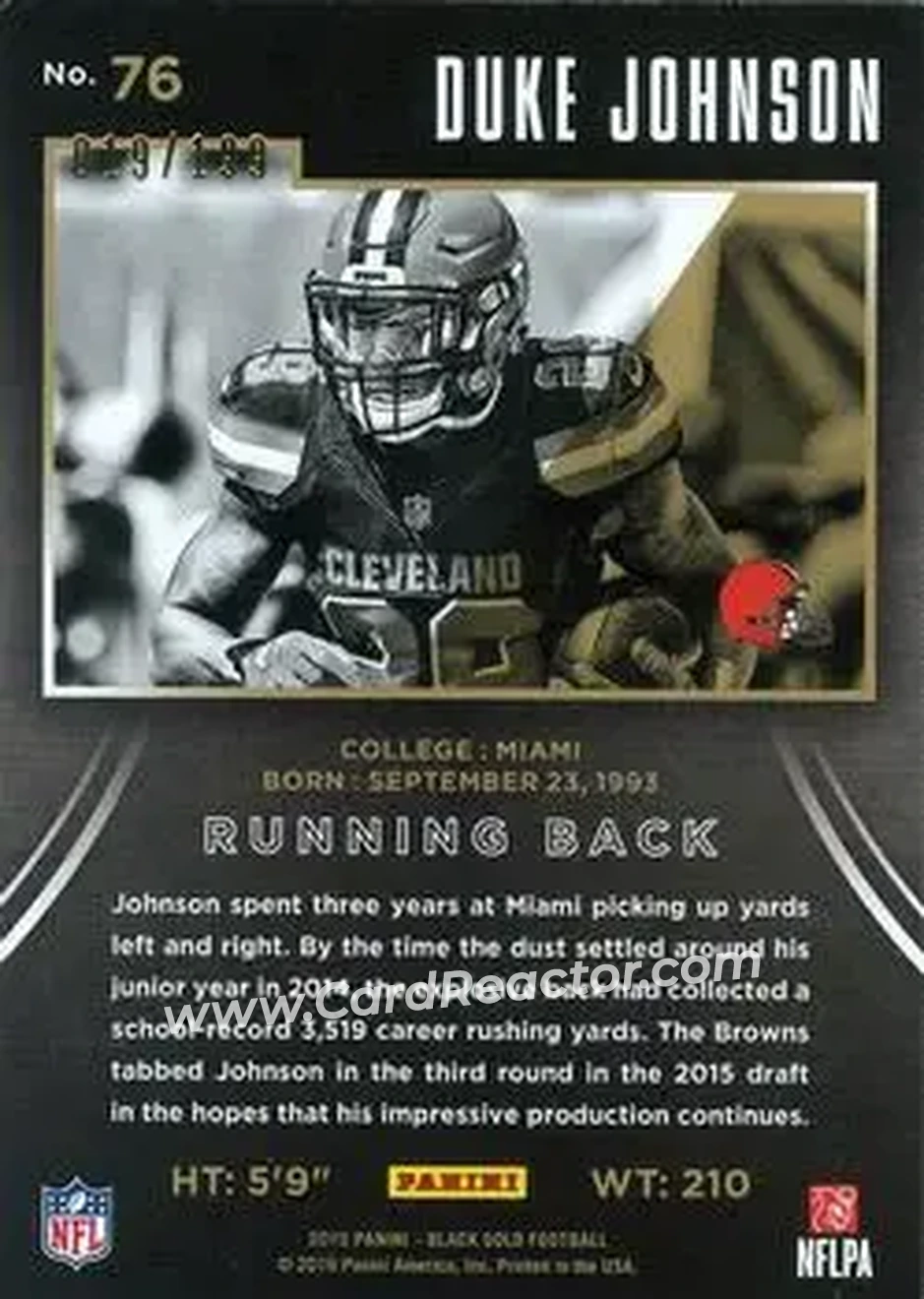 2015 Panini Black Gold #76 - Duke Johnson Jr. - Cleveland Browns - Back
