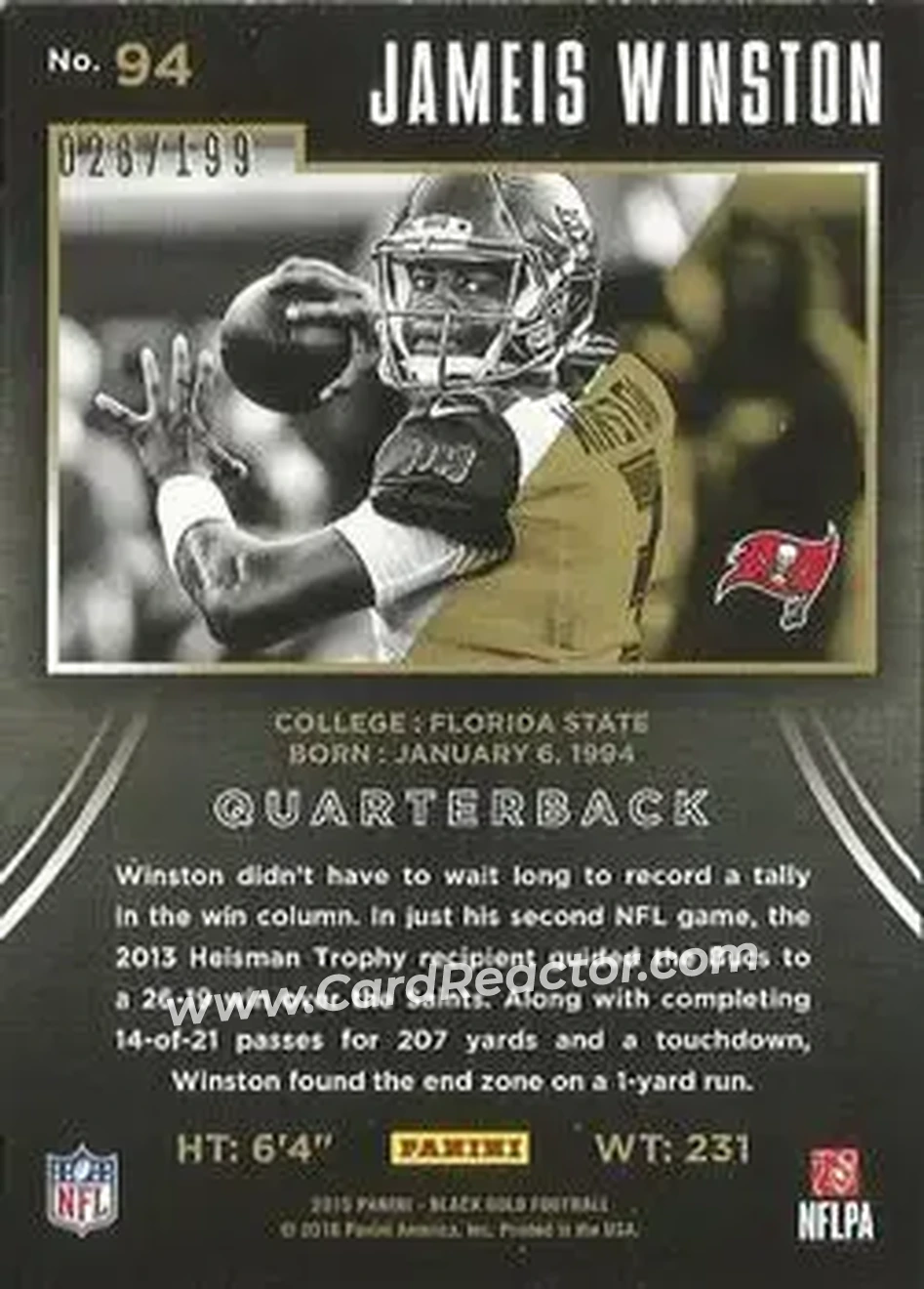 2015 Panini Black Gold #94 - Jameis Winston - Tampa Bay Buccaneers - Back