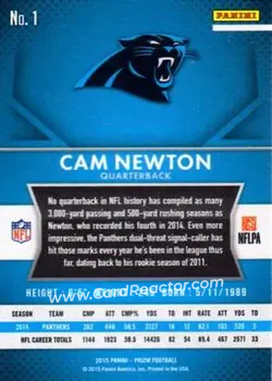 2015 Panini Prizm #1 - Cam Newton - Carolina Panthers - Back