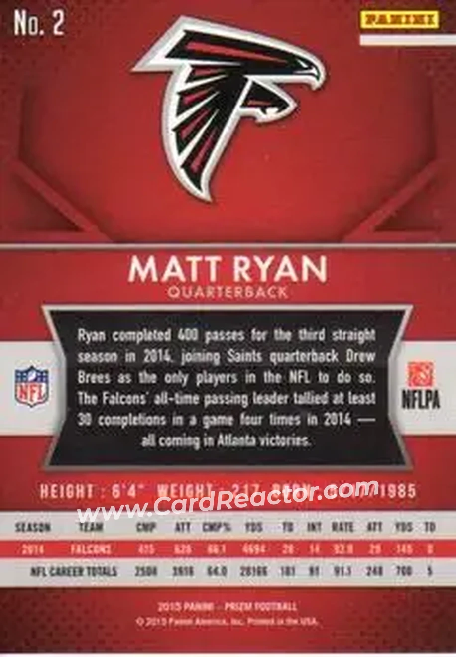 2015 Panini Prizm #2 - Matt Ryan - Atlanta Falcons - Back