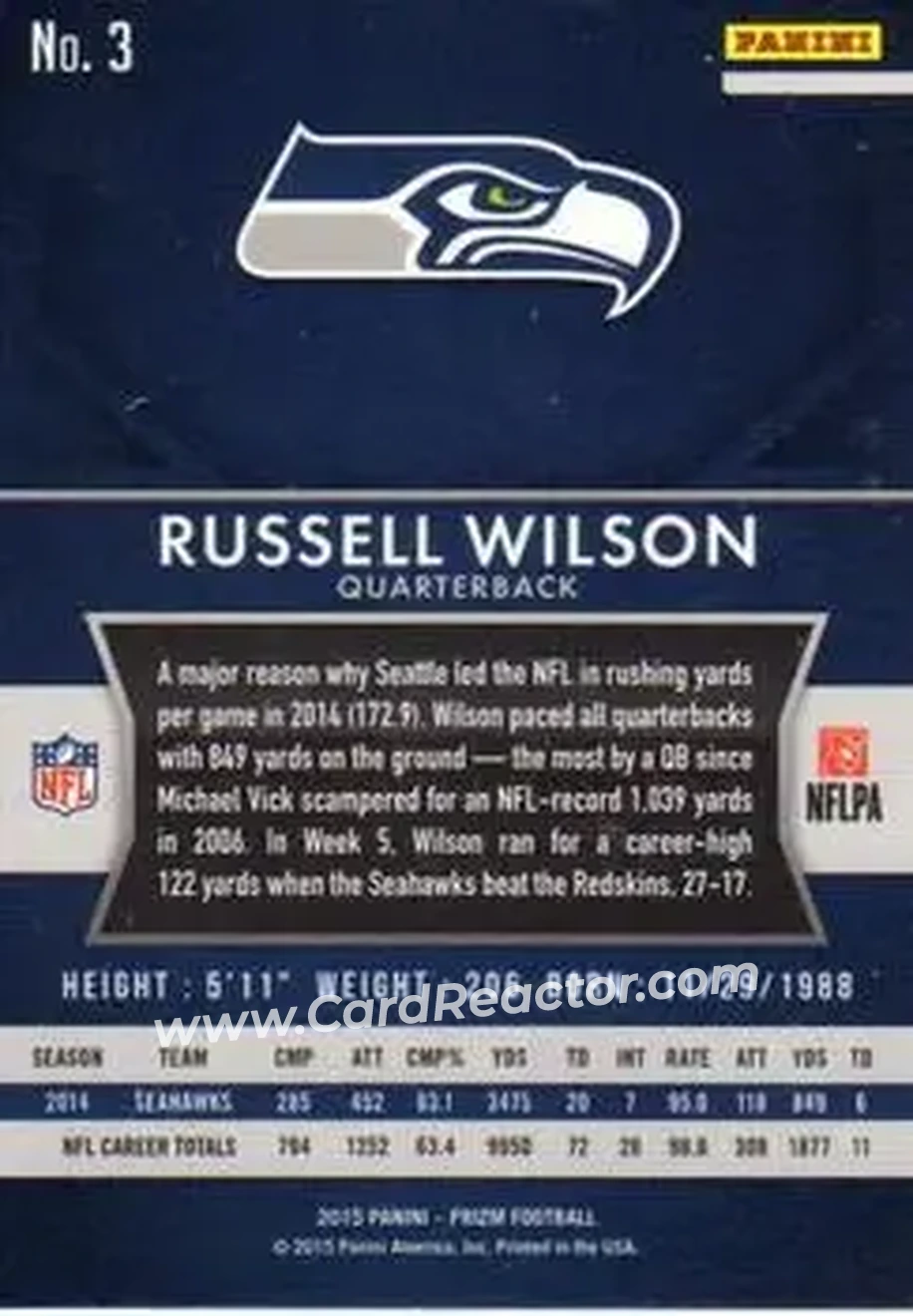 2015 Panini Prizm #3 - Russell Wilson - Seattle Seahawks - Back