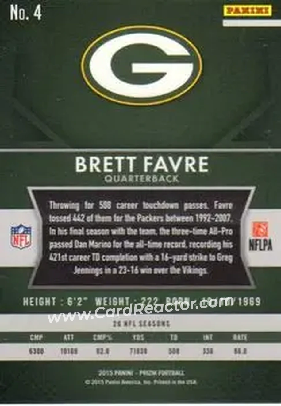 2015 Panini Prizm #4 - Brett Favre - Green Bay Packers - Back