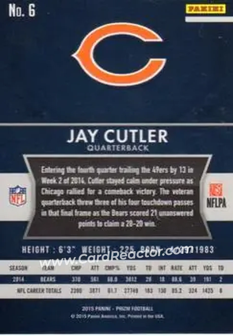 2015 Panini Prizm #6 - Jay Cutler - Chicago Bears - Back