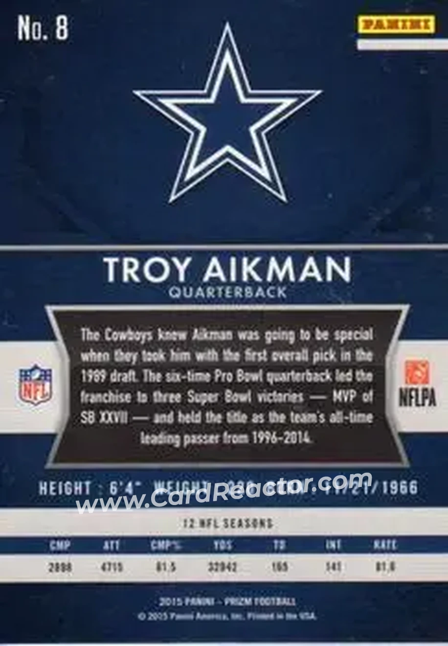 2015 Panini Prizm #8 - Troy Aikman - Dallas Cowboys - Back