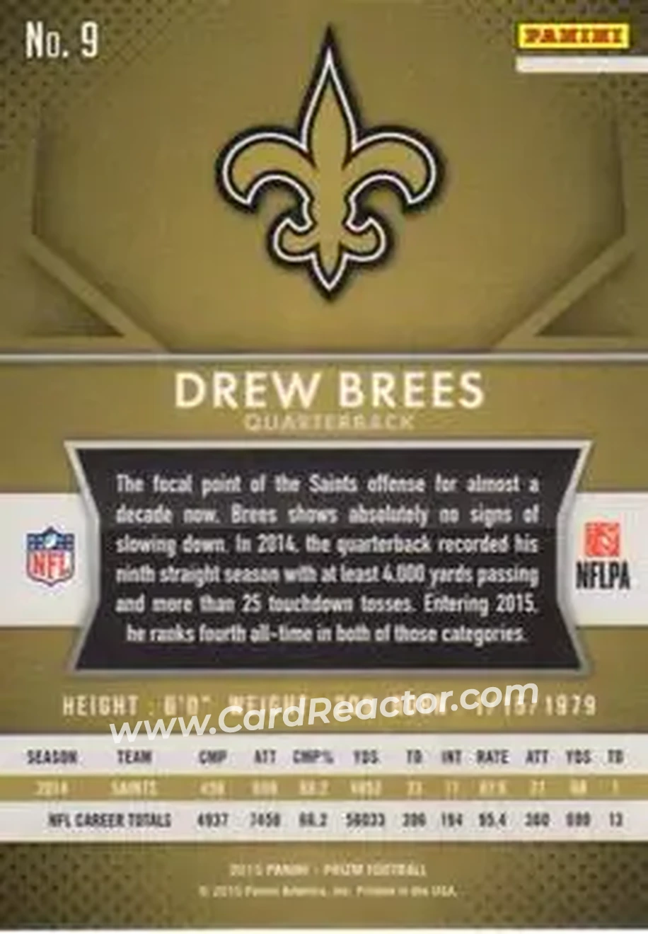 2015 Panini Prizm #9 - Drew Brees - New Orleans Saints - Back