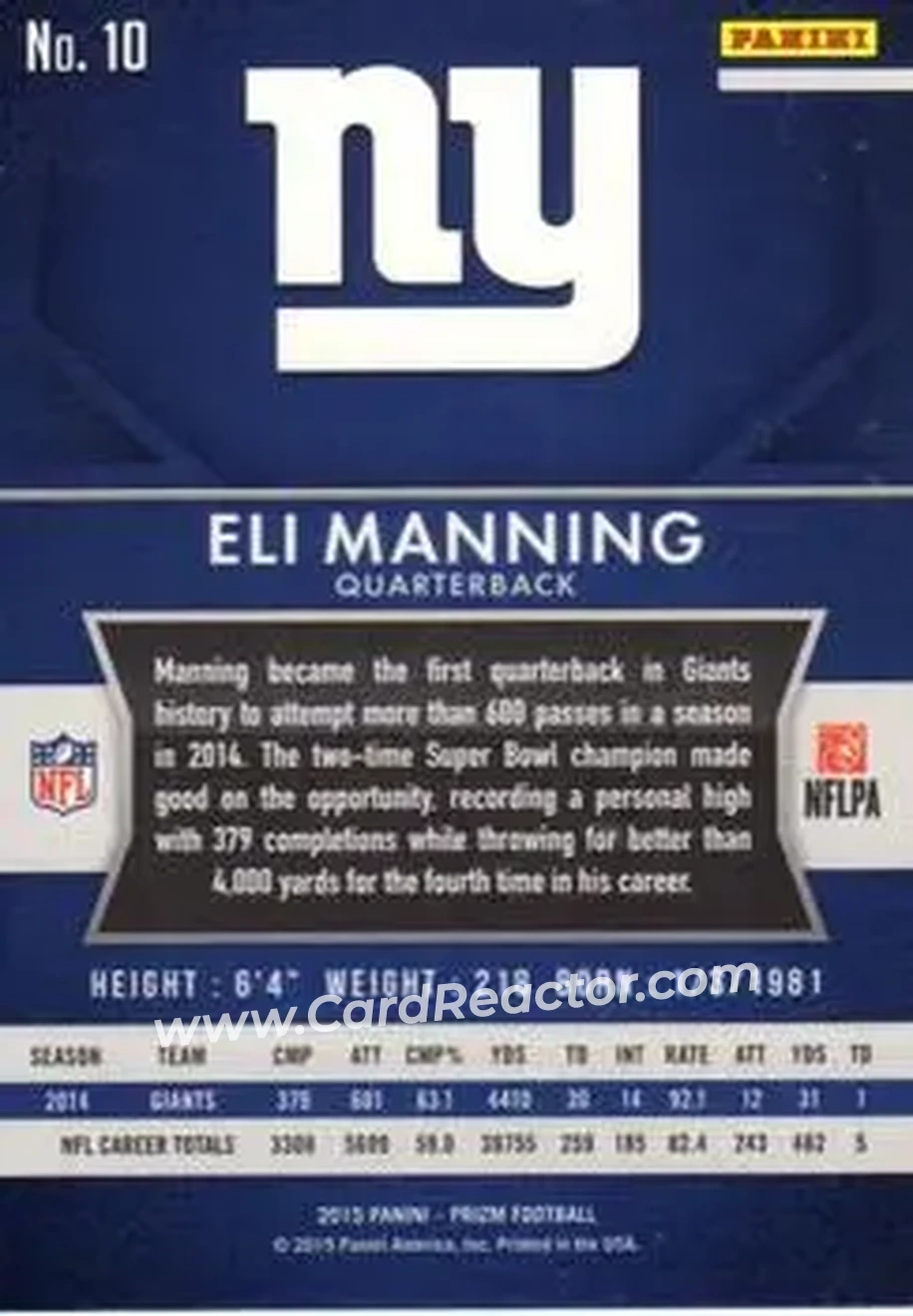 2015 Panini Prizm #10 - Eli Manning - New York Giants - Back
