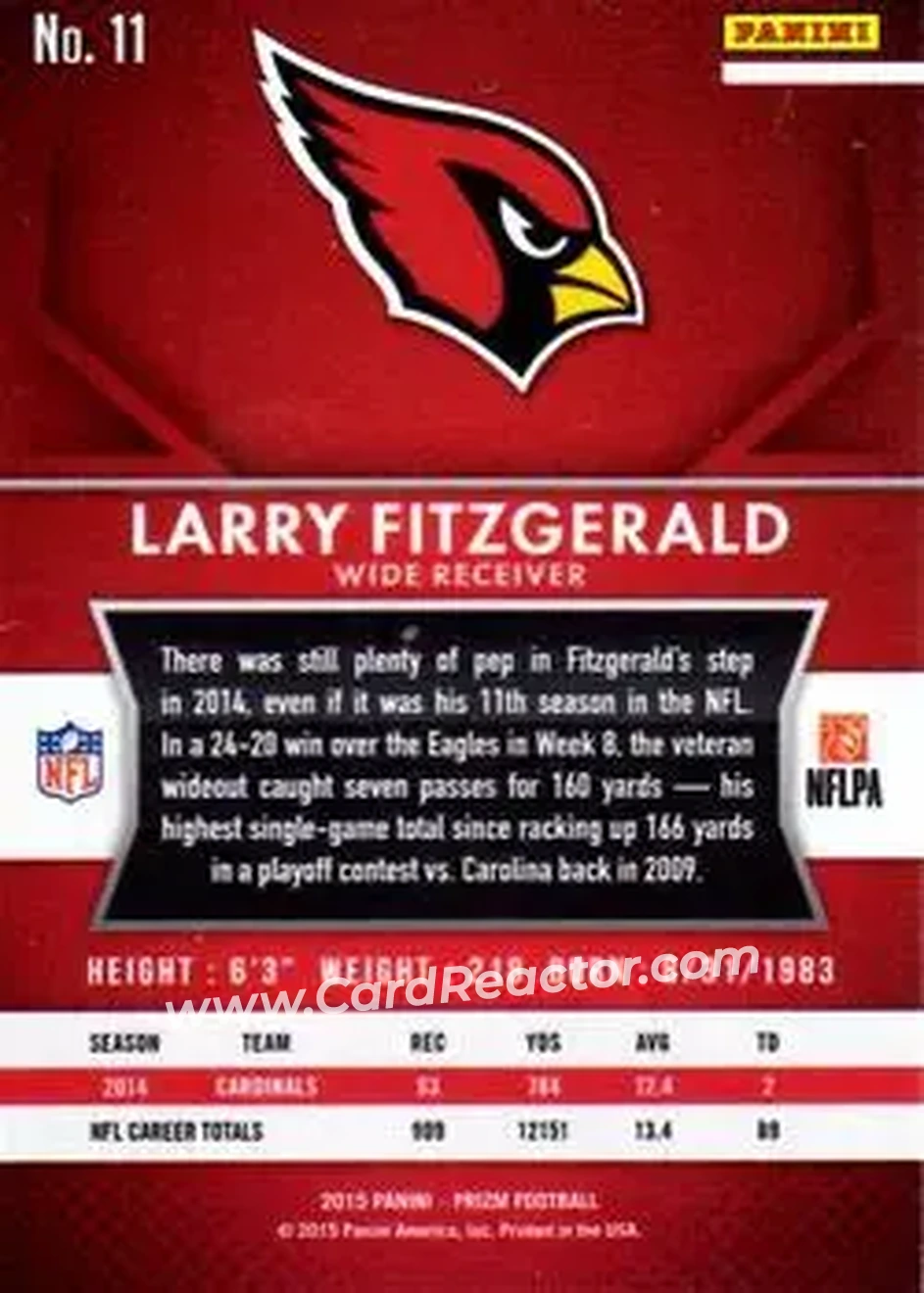 2015 Panini Prizm #11 - Larry Fitzgerald - Arizona Cardinals - Back
