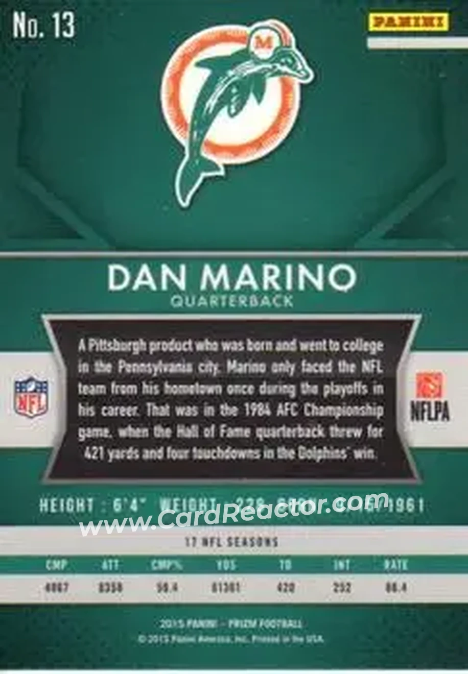 2015 Panini Prizm #13 - Dan Marino - Miami Dolphins - Back