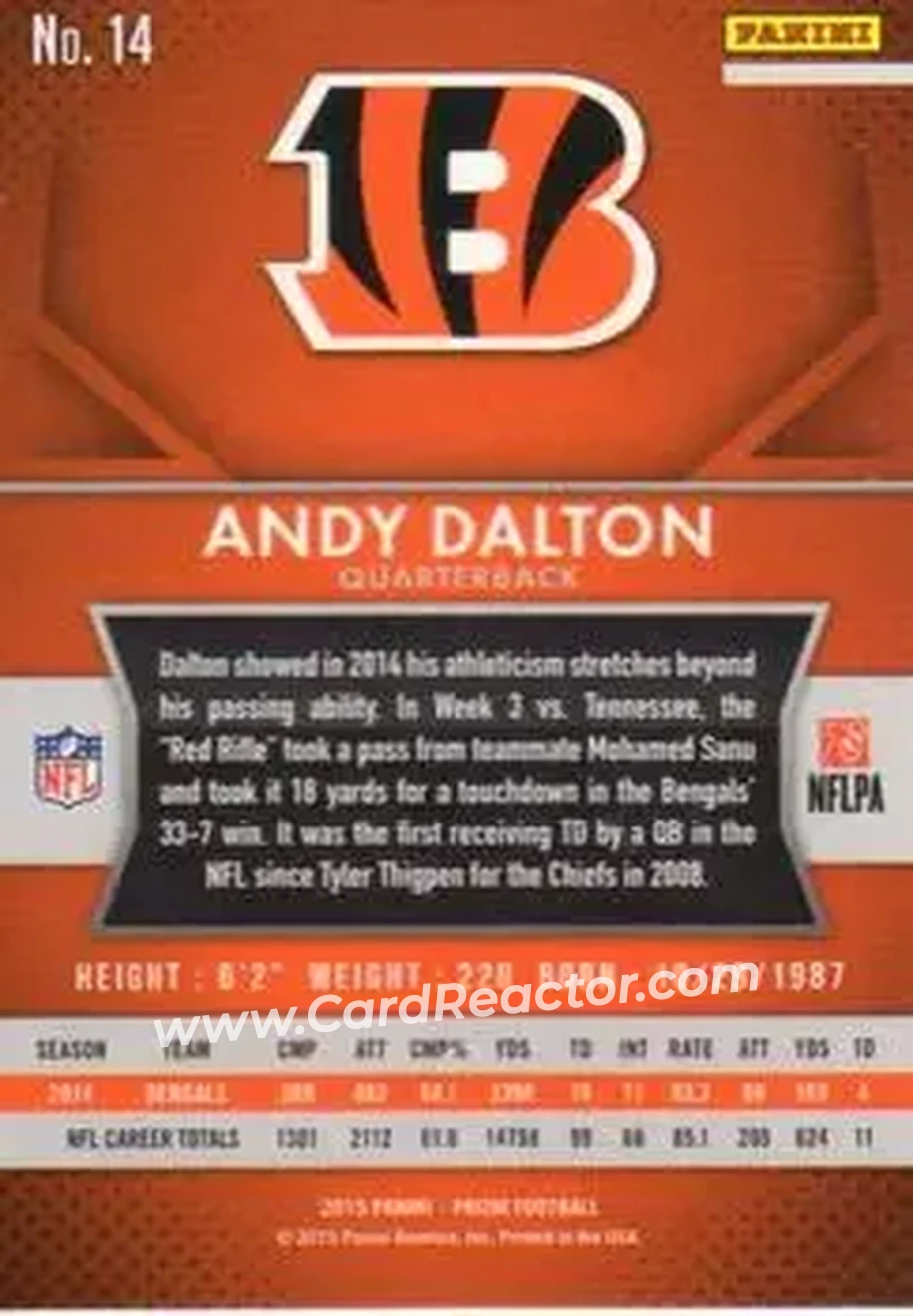 2015 Panini Prizm #14 - Andy Dalton - Cincinnati Bengals - Back