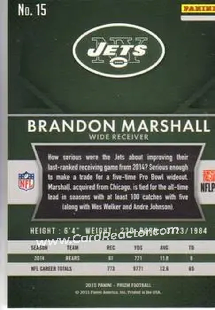 2015 Panini Prizm #15 - Brandon Marshall - New York Jets - Back