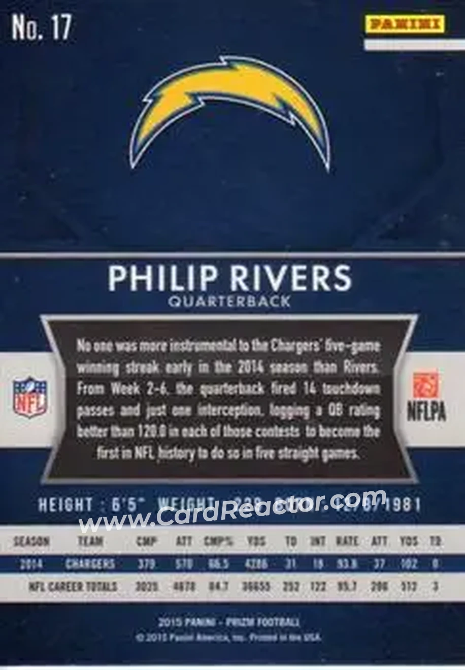 2015 Panini Prizm #17 - Philip Rivers - San Diego Chargers - Back