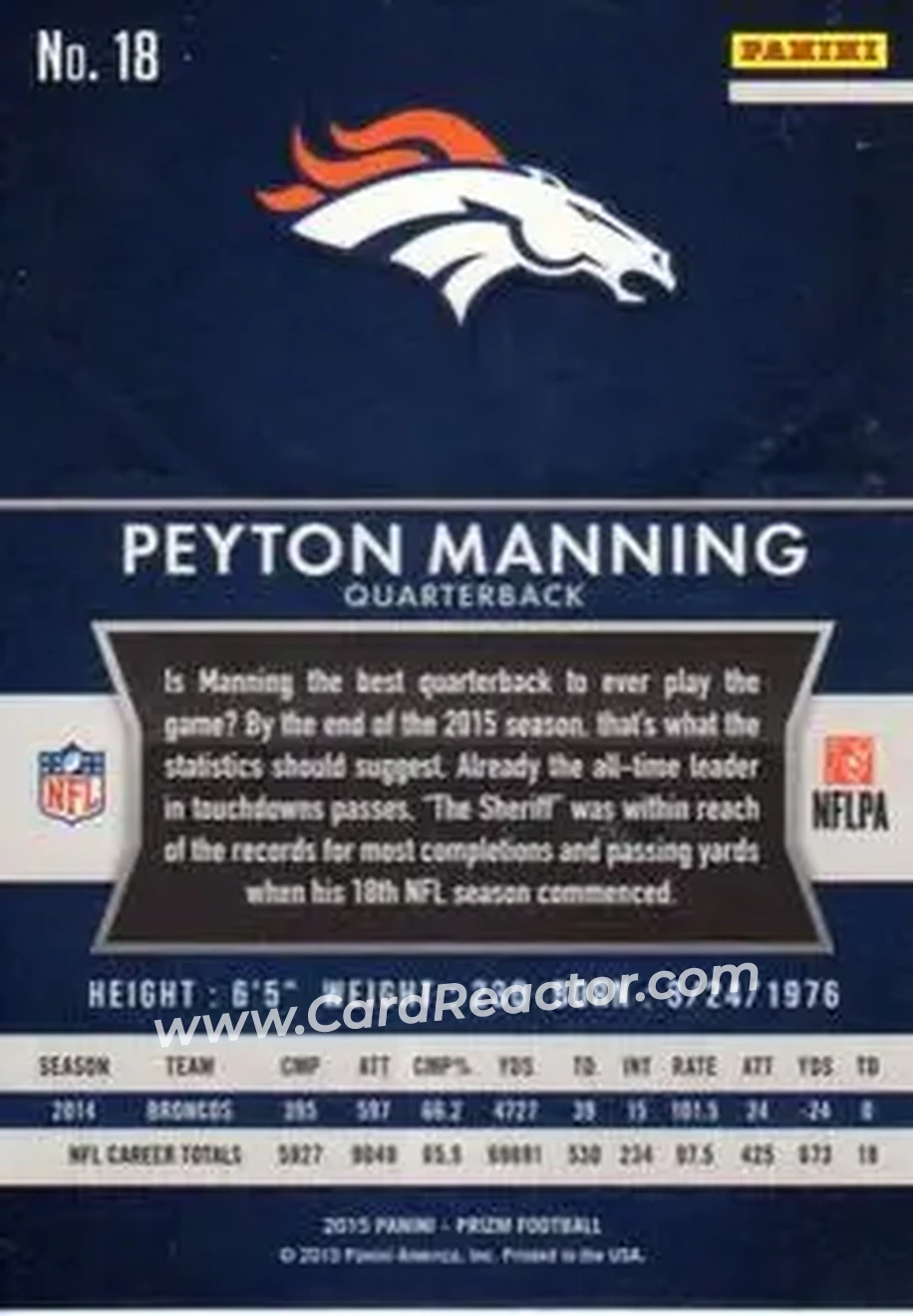 2015 Panini Prizm #18 - Peyton Manning - Denver Broncos - Back