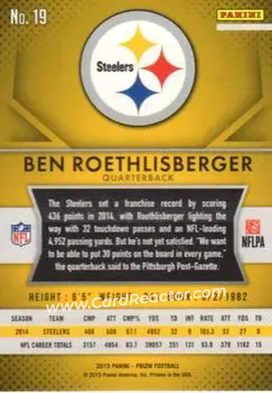 2015 Panini Prizm #19 - Ben Roethlisberger - Pittsburgh Steelers - Back