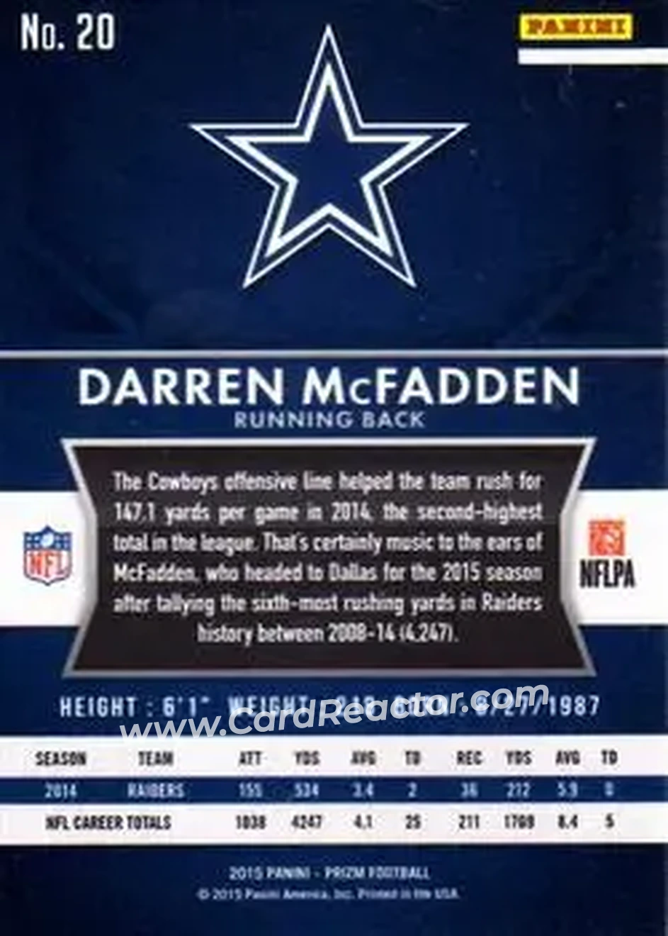 2015 Panini Prizm #20 - Darren McFadden - Dallas Cowboys - Back