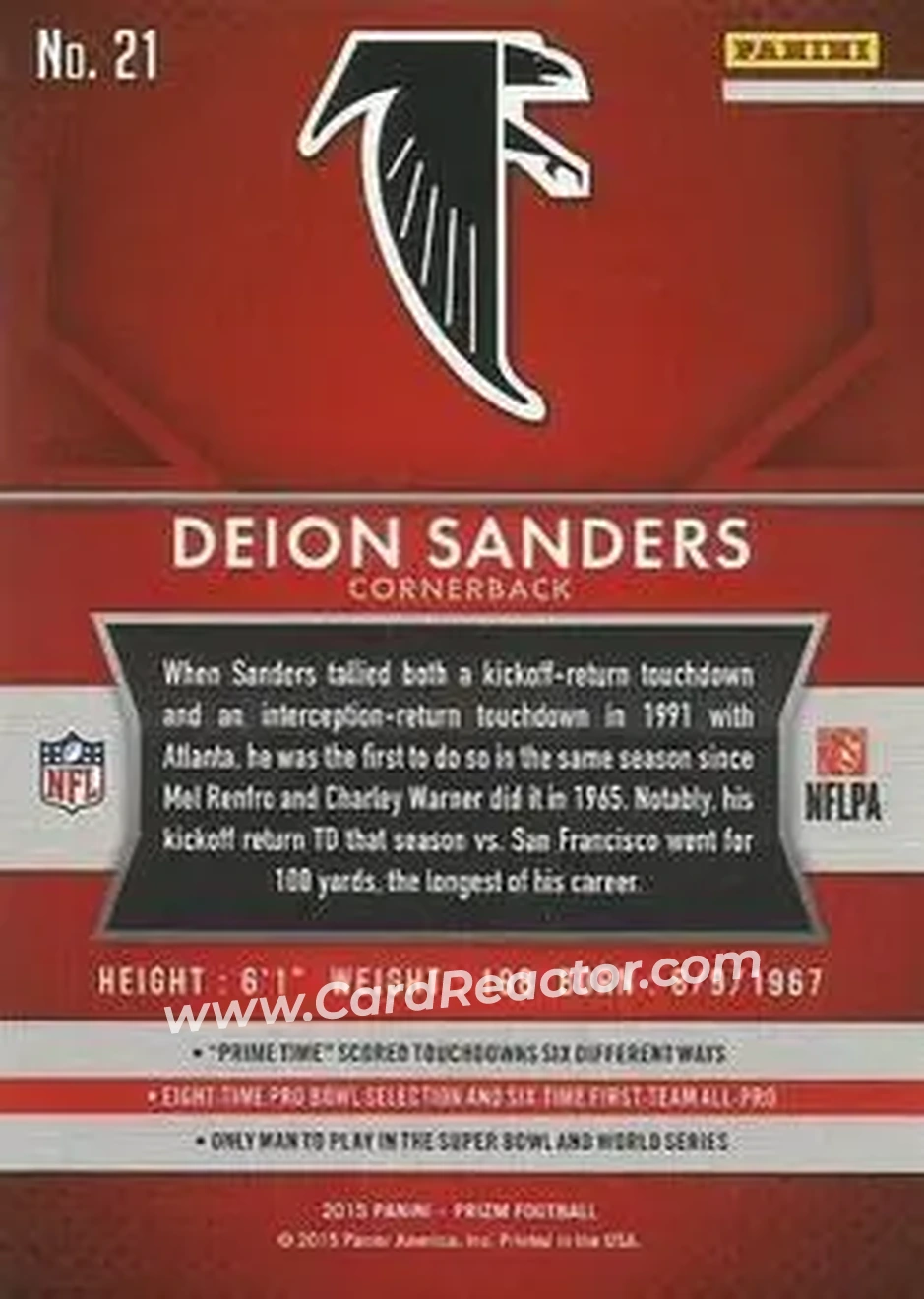 2015 Panini Prizm #21 - Deion Sanders - Atlanta Falcons - Back