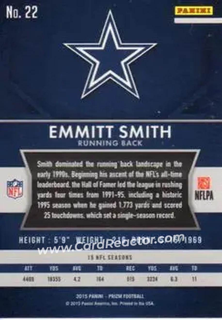 2015 Panini Prizm #22 - Emmitt Smith - Dallas Cowboys - Back