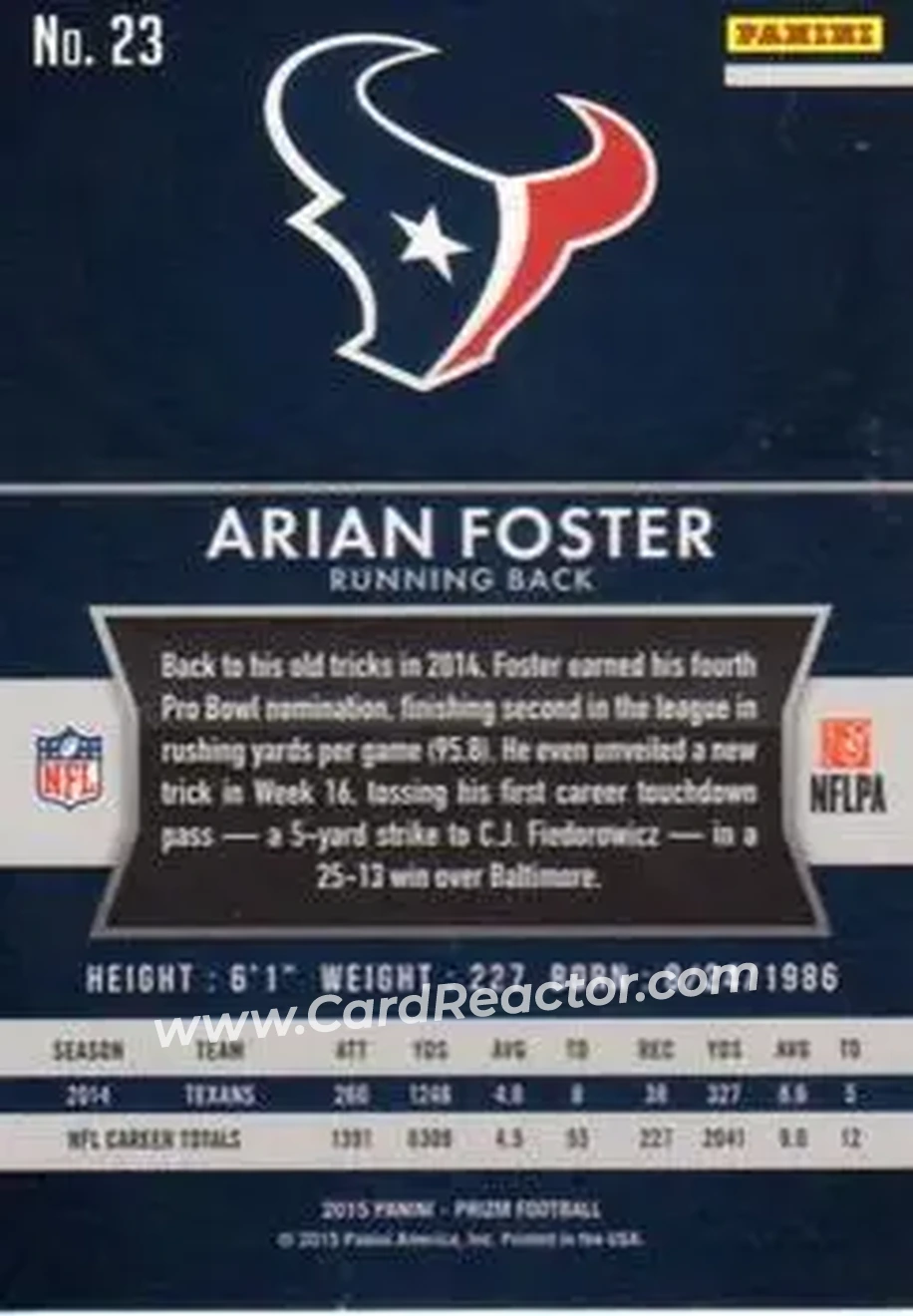 2015 Panini Prizm #23 - Arian Foster - Houston Texans - Back