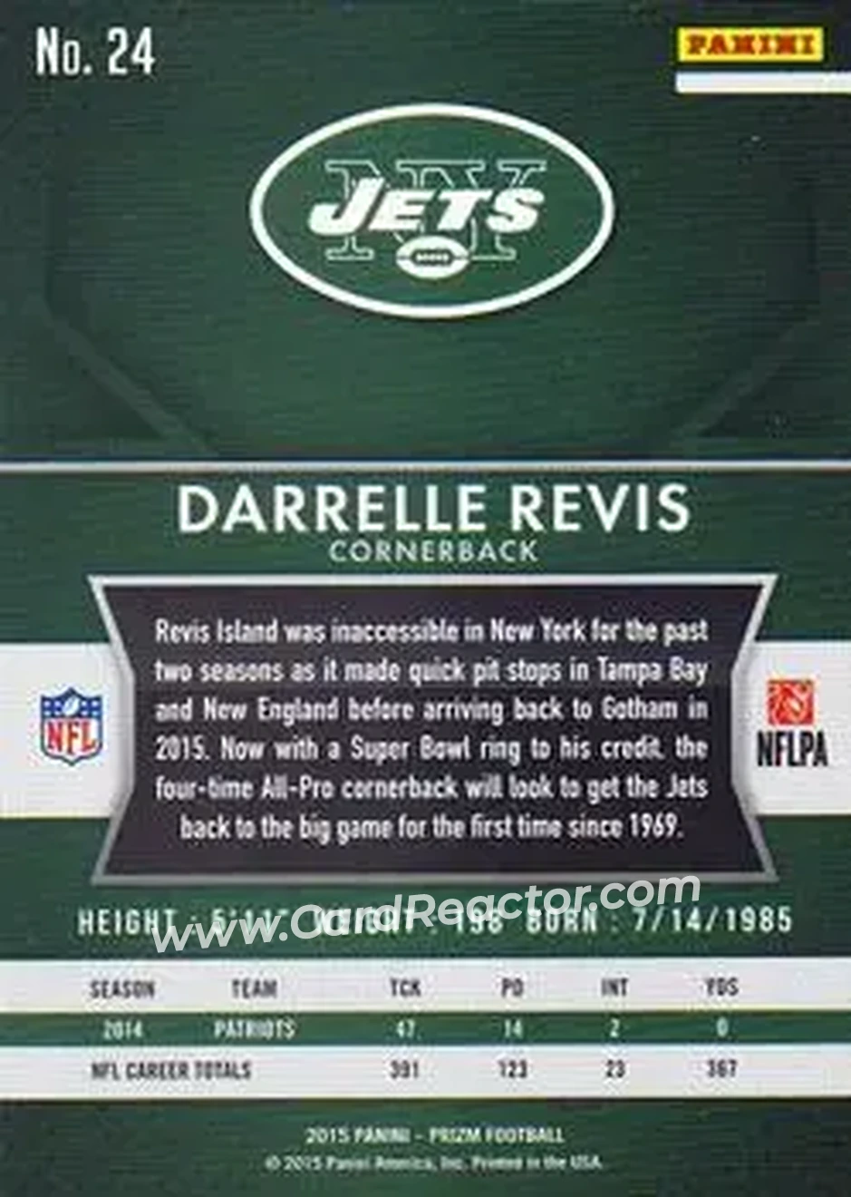 2015 Panini Prizm #24 - Darrelle Revis - New York Jets - Back