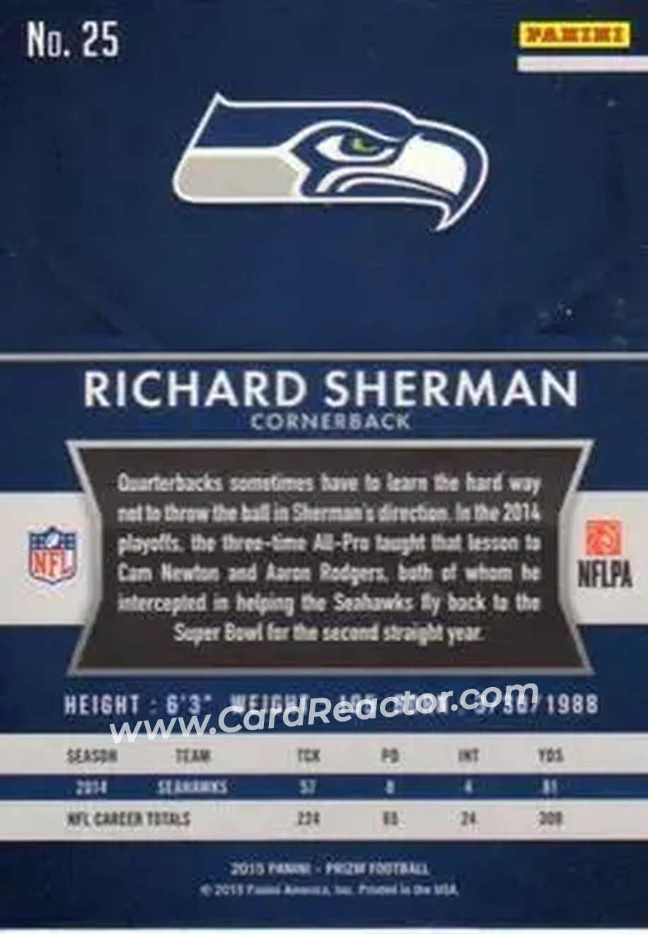2015 Panini Prizm #25 - Richard Sherman - Seattle Seahawks - Back